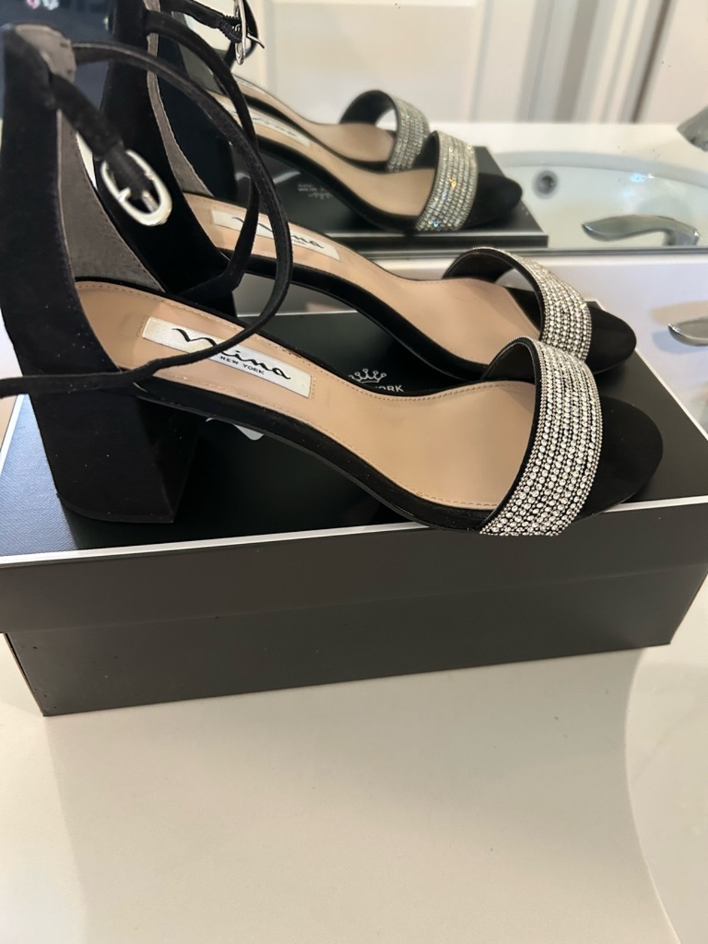 Nina Black Block Heel Sandals with Rhinestone Toe Strap